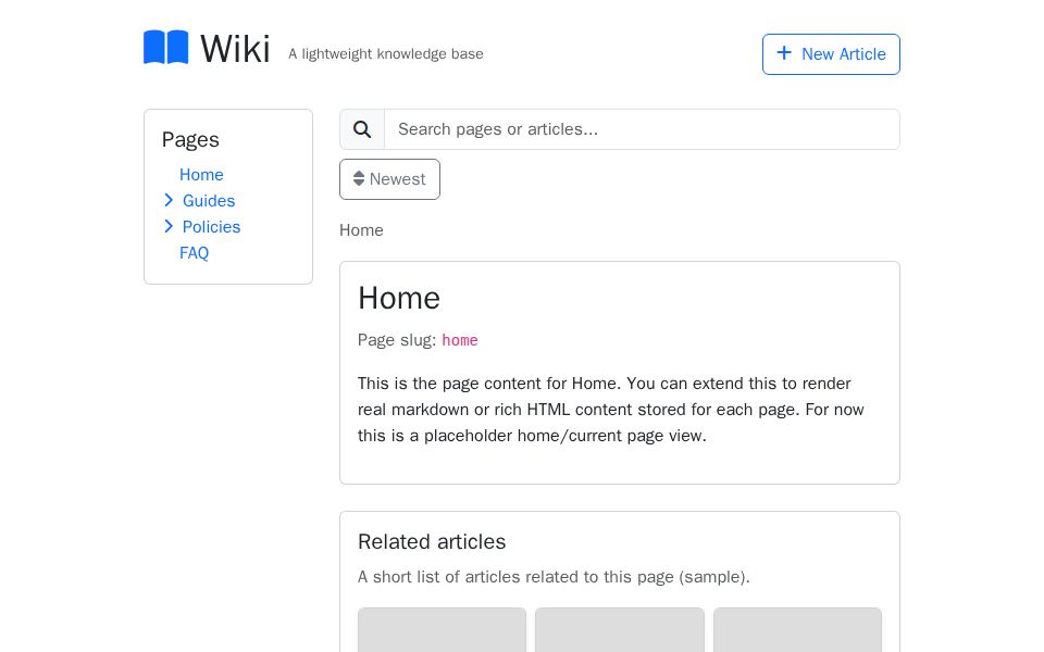 Blazor Wiki Home (Bootstrap) with left sidebar page tree, breadcrumb navigation, search input and article cards in a responsive grid