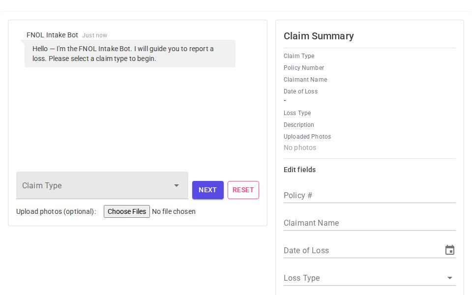 MudBlazor FNOL Chatbot two-column UI with a MudChat conversation panel on the left and a summary MudForm panel with photo chips on the right