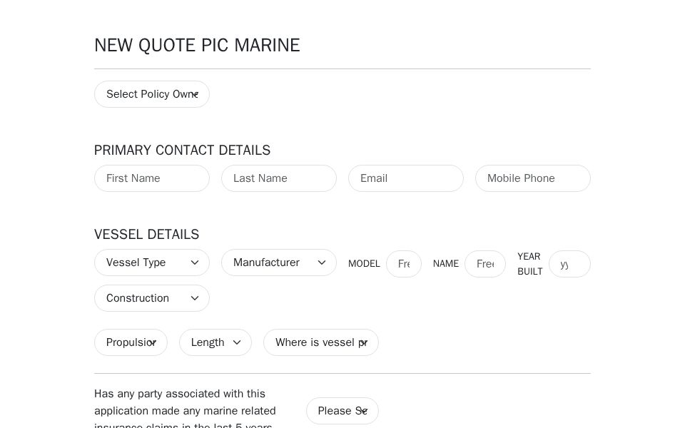 Bootstrap Marine Quote Form with multi-section inputs, conditional fields, claim-load badge and modal notice
