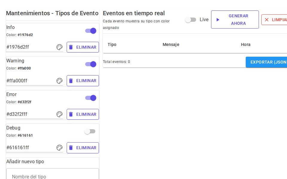 MudBlazor Events Dashboard with left maintenance panel showing color pickers and switches and right side MudTable streaming live events with colored chips