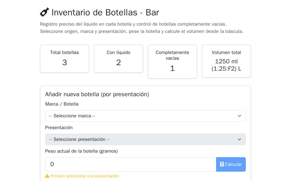 Blazor Inventory Manager (Bootstrap) with summary cards, bottle table, inline volume edits, progress bars and weight-to-ml calculator