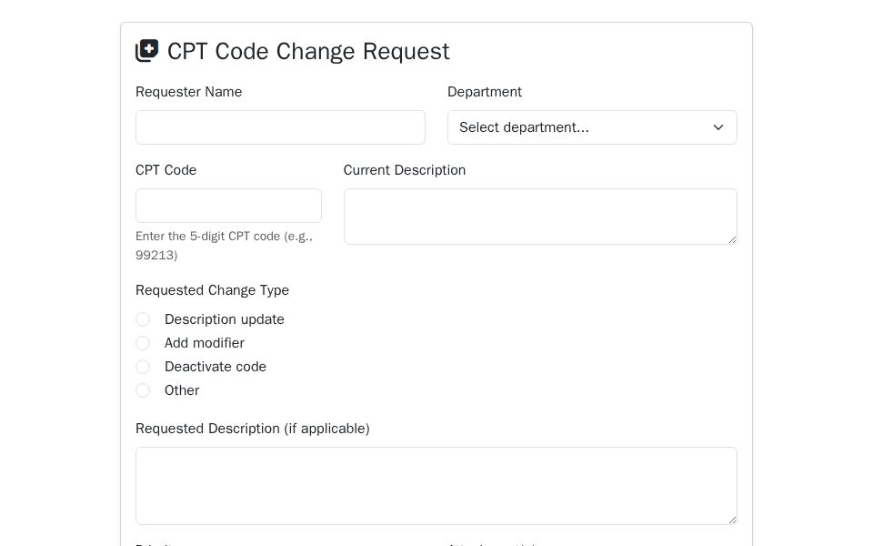 Bootstrap CPT Change Request form with EditForm validation, file attachments and a submitted requests table.