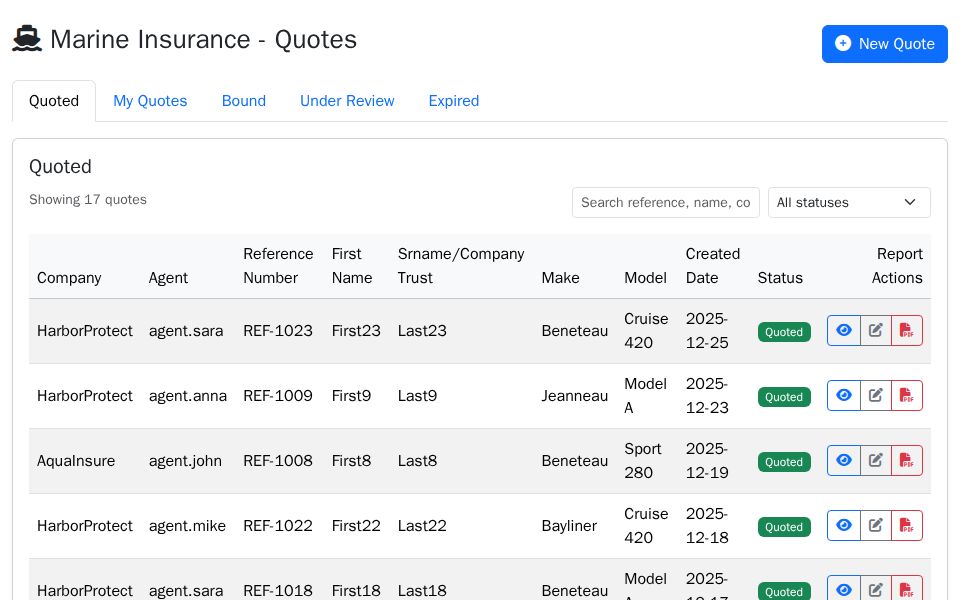 Bootstrap-styled Blazor Quotes Dashboard with a striped data table, status badges, search and status filters, tabs and action buttons