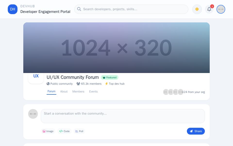 Blazor Community Dashboard with Tailwind layout showing feed, composer form, profile card and right-rail lists.