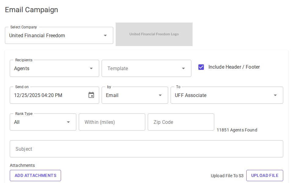 MudBlazor Email Campaign form with company select, recipient filters, attachments, preview toggle and send button