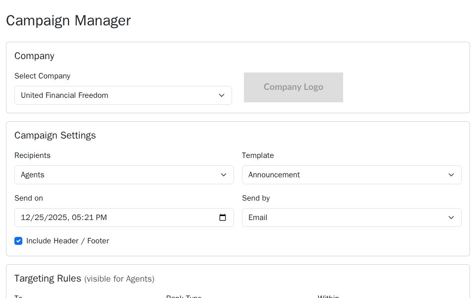 Blazor Campaign Manager - Bootstrap with settings cards, recipient targeting, attachment dropzone and message editor