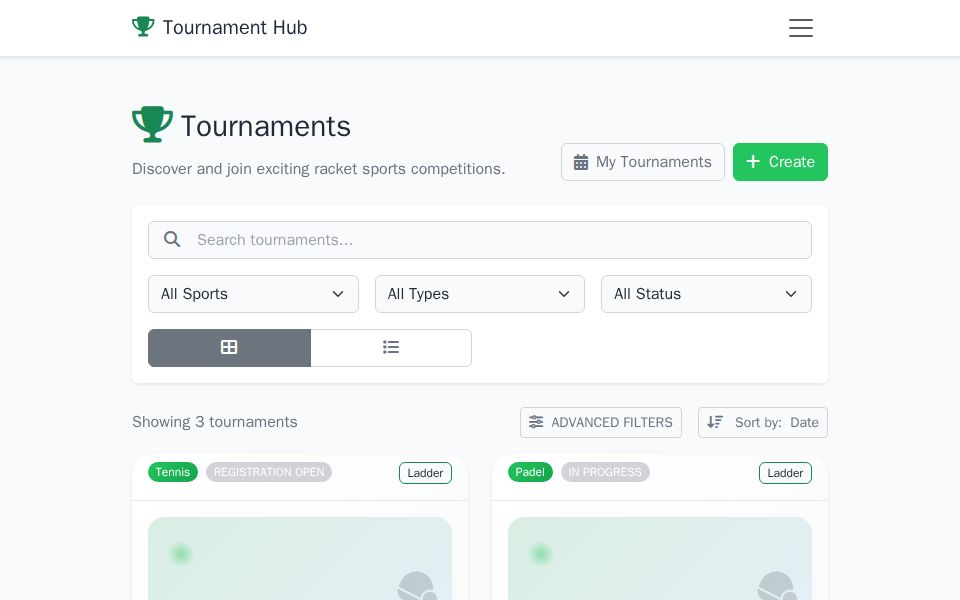 Bootstrap Tournaments List showing responsive card grid of tournament cards with InputText search, InputSelect filters, badges and View details buttons.