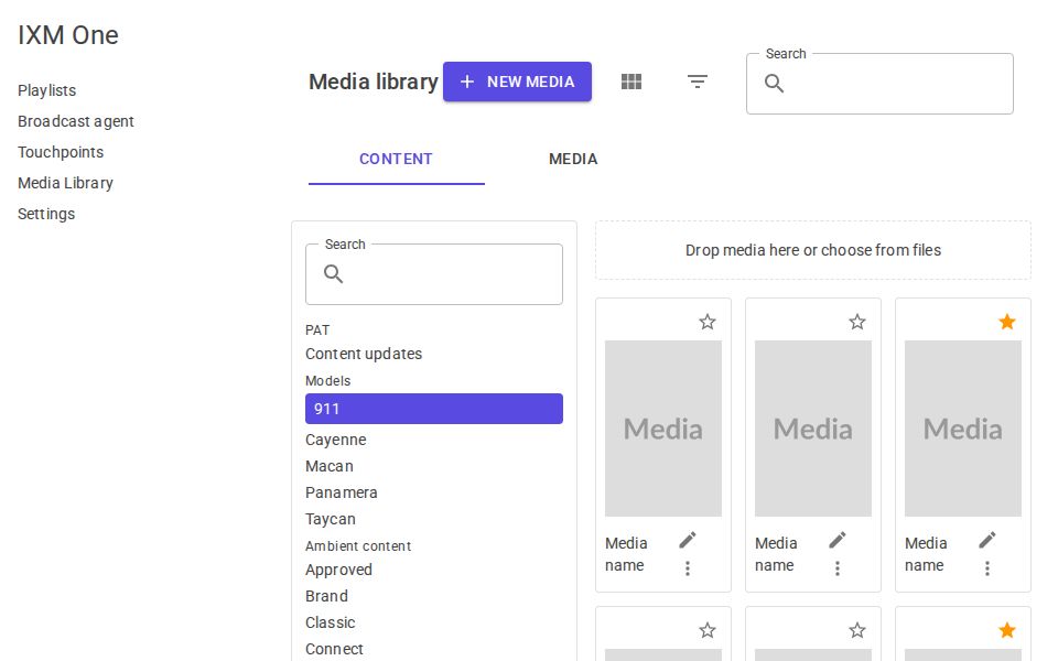 MudBlazor Media Library with left sidebar, folder tree, MudTabs and a MudGrid card gallery showing thumbnails, search and favorite icons