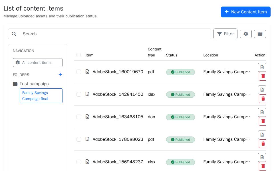Bootstrap content management UI with folder sidebar, searchable InputText, table of items and status badges