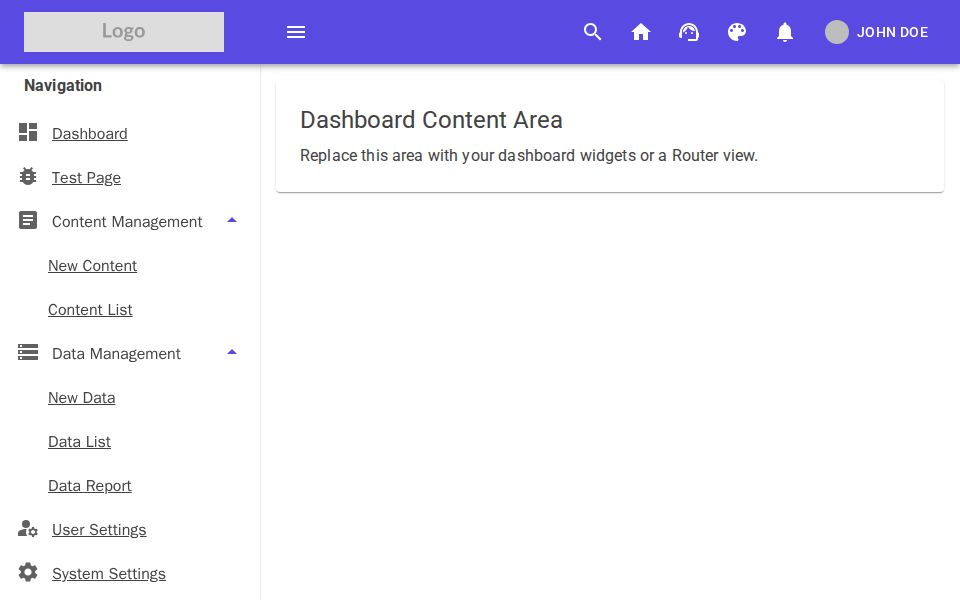 MudBlazor Dashboard Shell with persistent MudDrawer sidebar, top MudAppBar with icons, collapsible nav labels and menu.