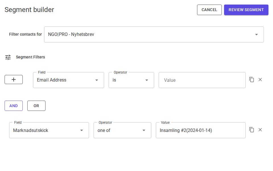 MudBlazor Segment Builder with stacked filter rows, MudSelect fields, MudTextField values, and Add/Duplicate icon buttons