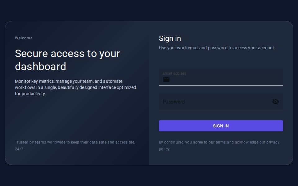 MudBlazor Login Page with two-column card layout, left product panel and right credentials form with password visibility toggle and full-width sign-in button