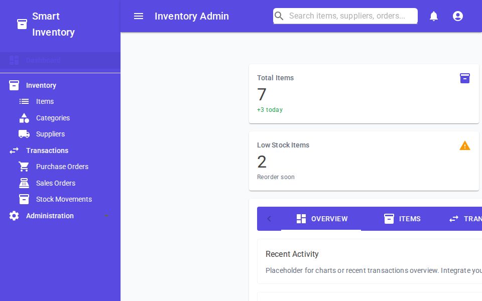 MudBlazor Inventory Dashboard with left drawer, KPI cards, MudTabs and a MudDataGrid showing filters and selection.