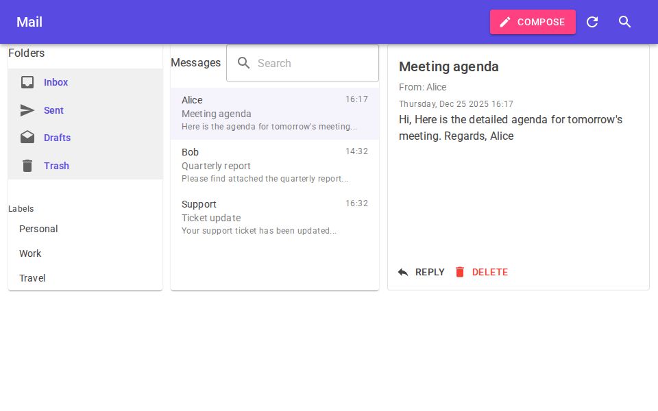 MudBlazor Mail Page three-column layout with folder nav, MudList messages column, and message preview card; compose MudForm dialog available.