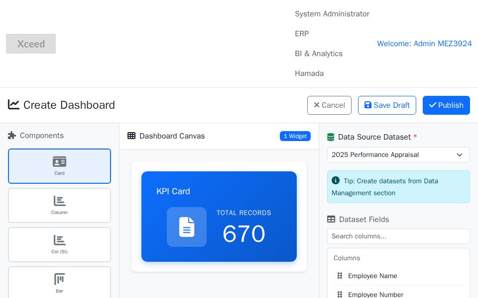 Bootstrap Dashboard Builder: left component palette, central canvas with KPI card, right dataset panel, column search.