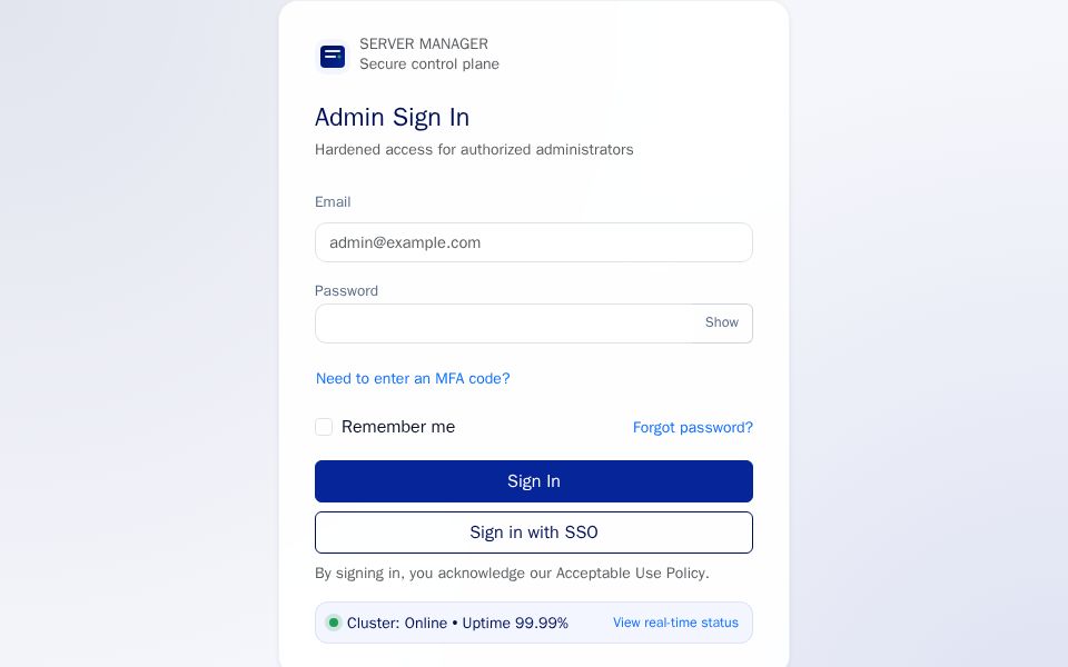 Bootstrap Admin Login card with email/password inputs, password visibility toggle, optional MFA field and status strip.