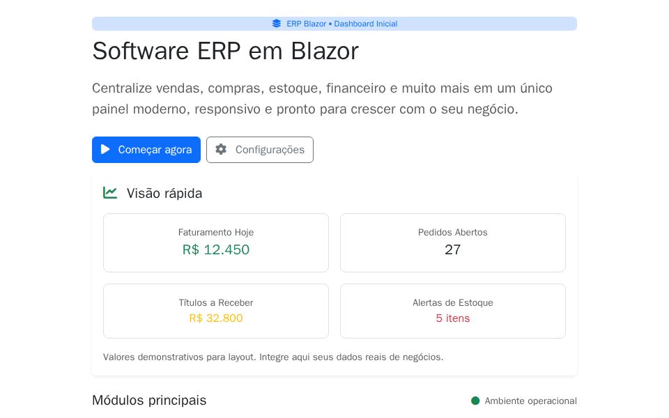 Bootstrap Dashboard Inicial with ERP layout, responsive Bootstrap cards, module tiles and navigation buttons with metrics.