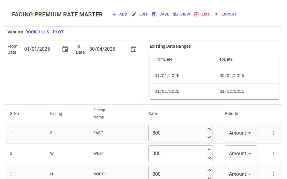 MudBlazor Rate Master with toolbar, date filters and a MudDataGrid with inline numeric and select editors