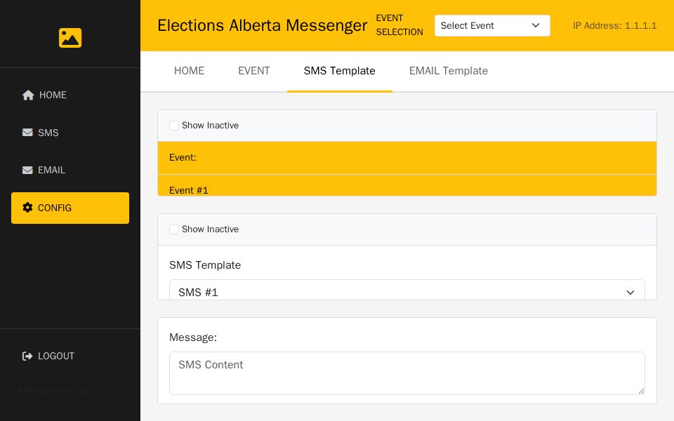 Blazor Event SMS Config UI with Bootstrap layout: left sidebar, top tabs, three-column grid, event/template selectors, message editor and mapping table.