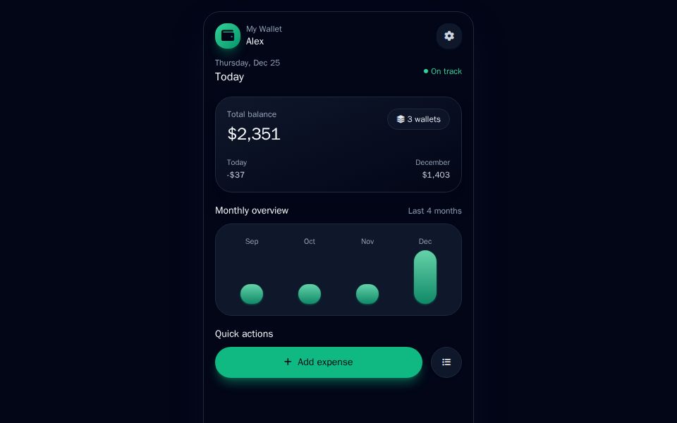 Blazor Wallet Dashboard mobile-style panel with Tailwind: balance card, bar chart, add-expense button and bottom nav.
