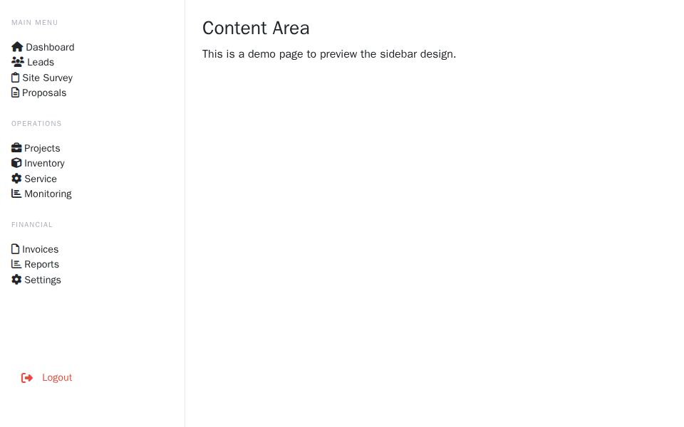 Blazor Sidebar Menu with sectioned navigation, Bootstrap layout, FontAwesome icons, active highlight and logout button