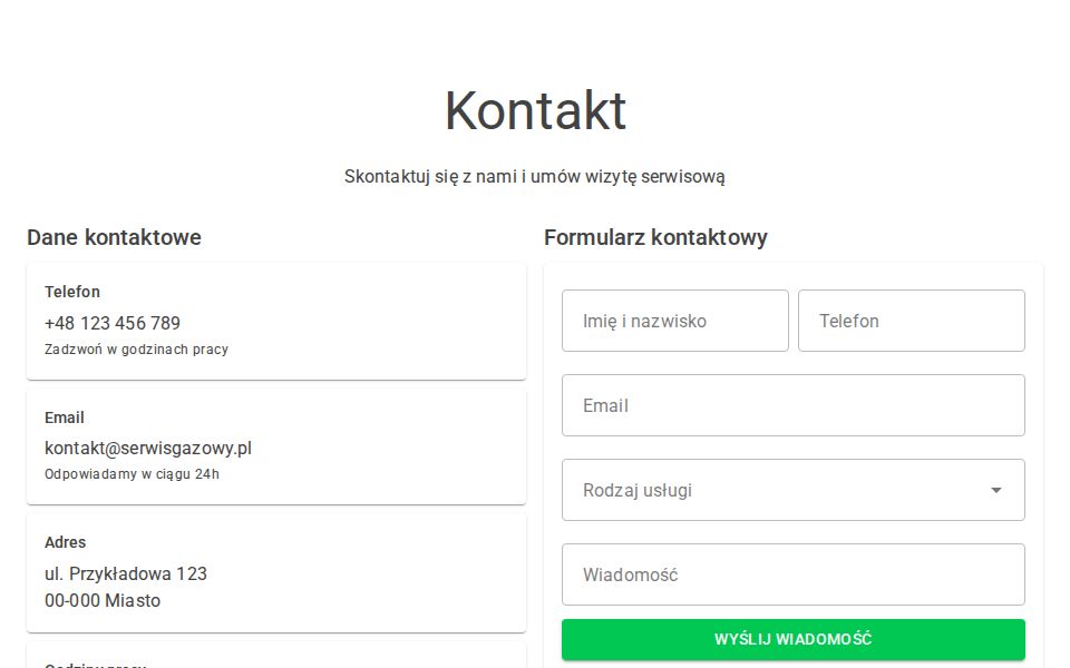 MudBlazor Contact Page: two-column MudGrid with contact cards and a MudForm (MudTextField, MudSelect, submit button)