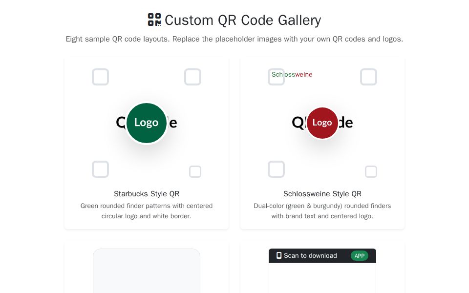 Blazor QR gallery using Bootstrap cards showing branded QR mockups with centered circular logos, rounded finder patterns, and creative split layouts.