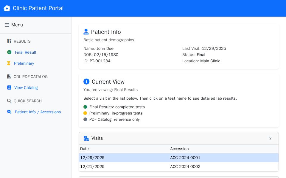 Blazor patient portal visits page with Bootstrap-styled table showing visit dates, accession numbers, status badges, and last-result dates