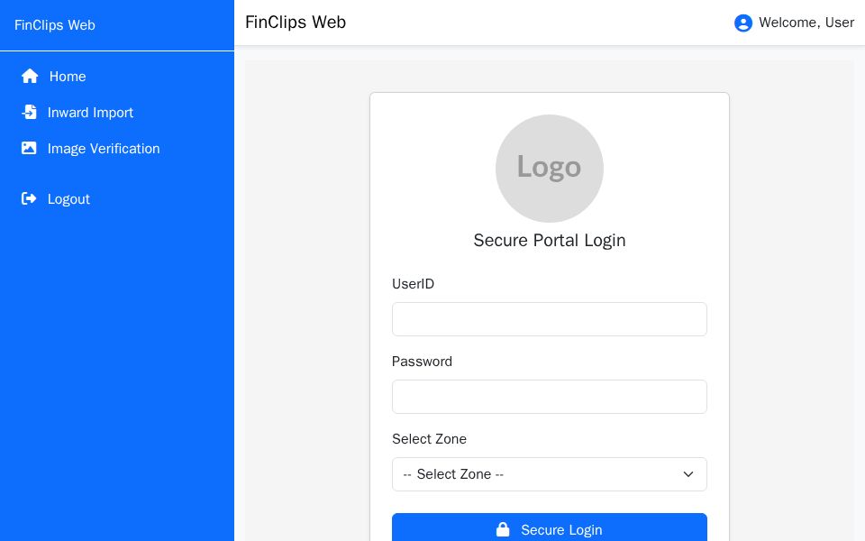 Blazor Bootstrap cheque inward import and verification screens with control panel, progress bar, data table, and cheque details form with action buttons.
