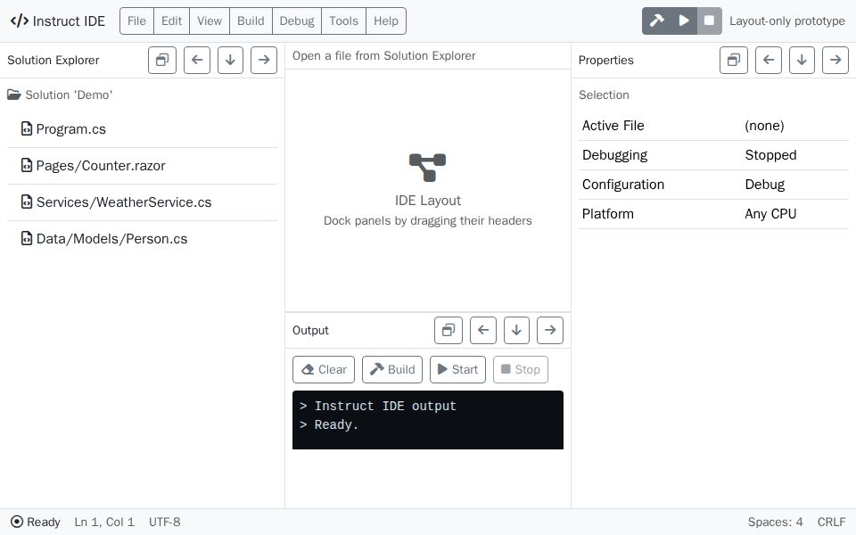 Blazor IDE-style layout with Bootstrap panels, dockable left/right/output panes, tabbed code editor, and dark output console