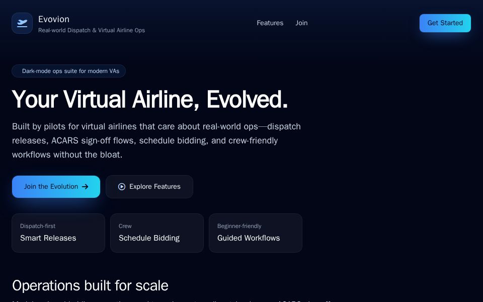 Dark-mode Blazor Tailwind landing page for a virtual airline platform with hero headline, feature card grid, and CTA section featuring gradient buttons.