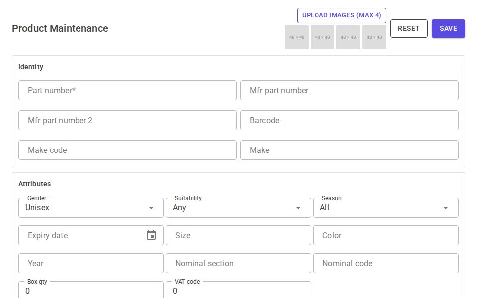 MudBlazor product maintenance form with identity, attributes, GBP pricing grid, switches, and image upload previews for up to four product photos.