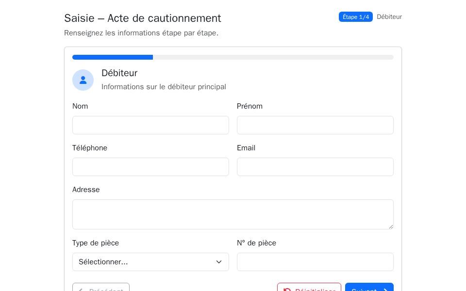 Blazor Bootstrap multi-step cautionnement wizard form with debtor step, progress bar, validated text inputs, and navigation buttons.