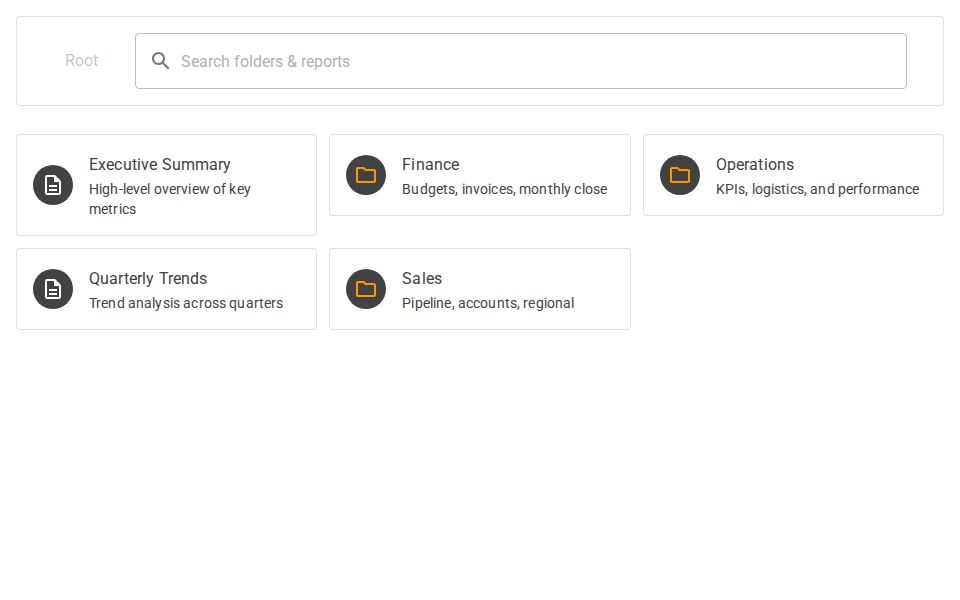 MudBlazor directory browser page with breadcrumb bar, search field, and responsive cards for folders and reports