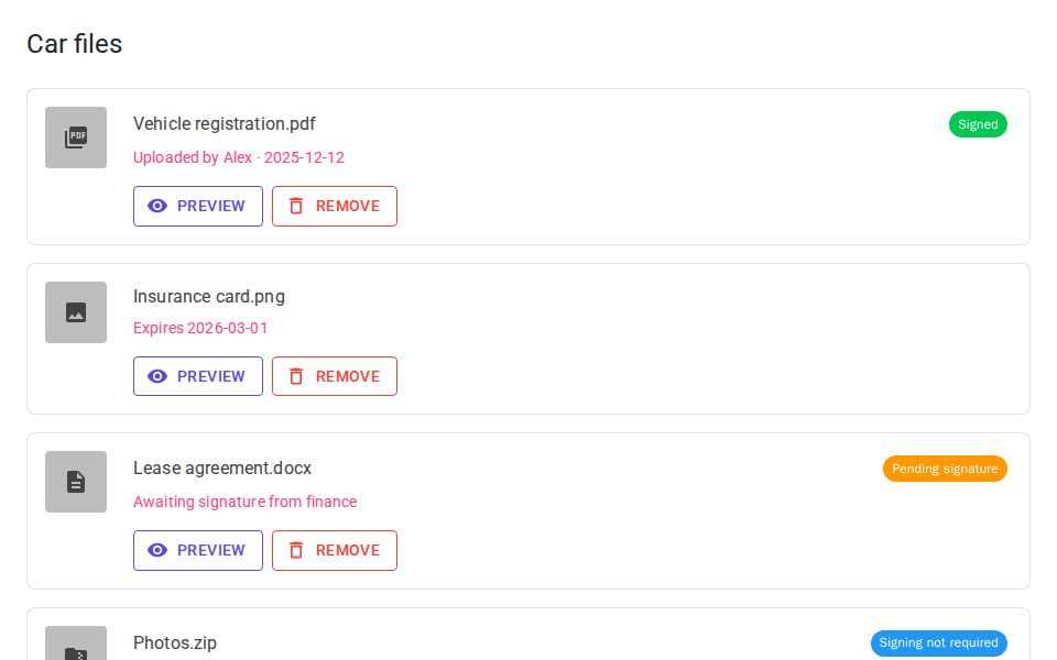 MudBlazor car files list showing file cards with icons, colored signing status chips, and preview and remove action buttons.