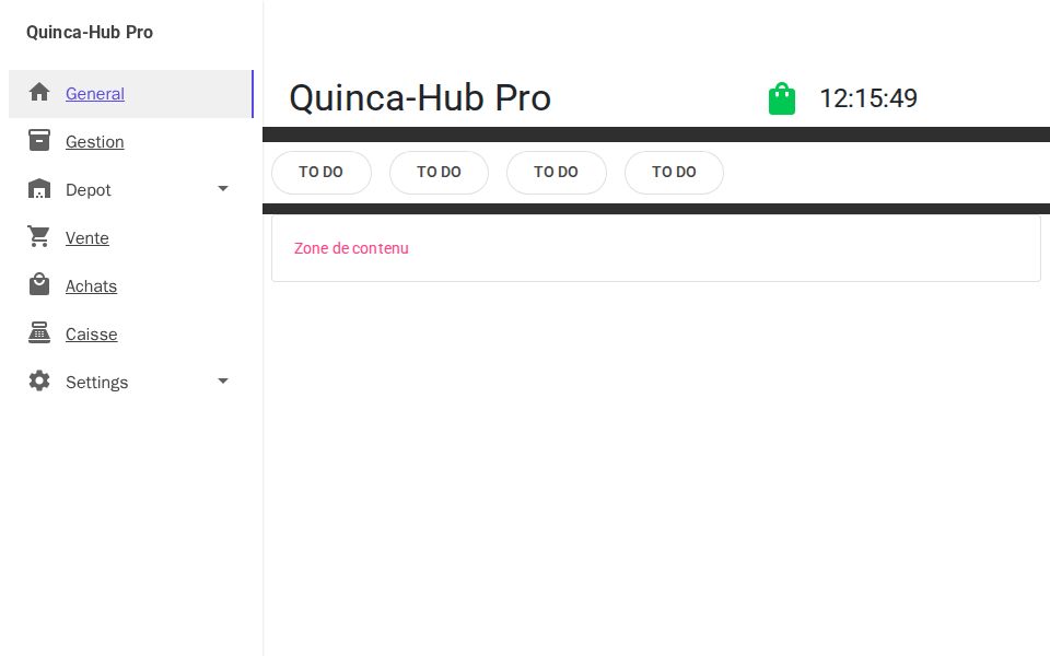 MudBlazor POS-style admin dashboard with left navigation drawer, top bar live clock, action pills, and a large content canvas area.