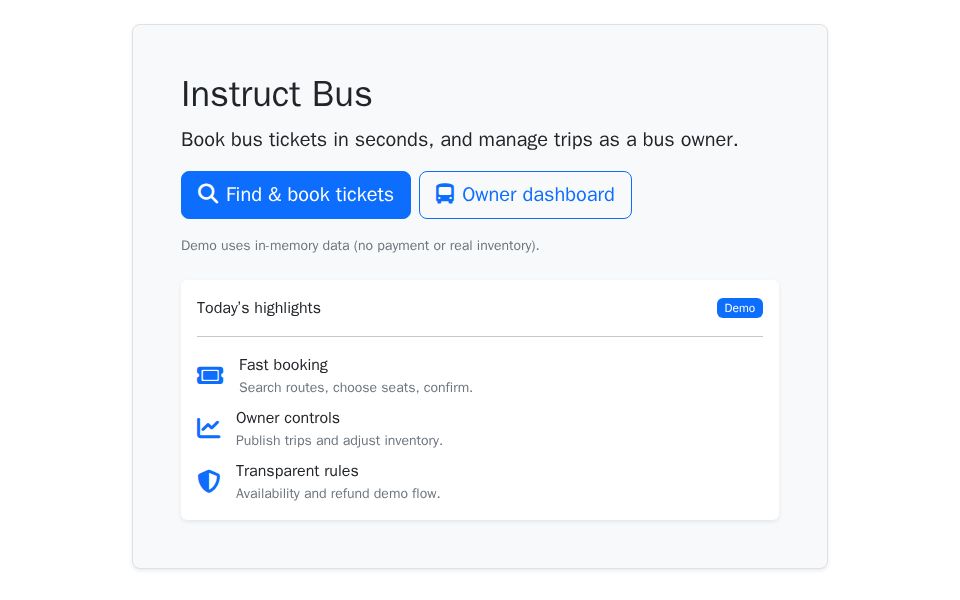 Blazor bus ticket booking and owner dashboard UI with Bootstrap search form, trip cards, modal booking dialog, and admin inventory tables.