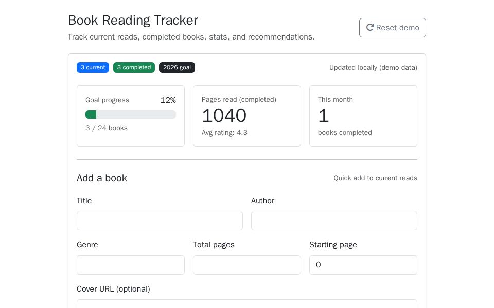 Blazor reading tracker dashboard with Bootstrap cards, add-book form, filters sidebar, tabbed lists, stats, and a modal for updating progress.