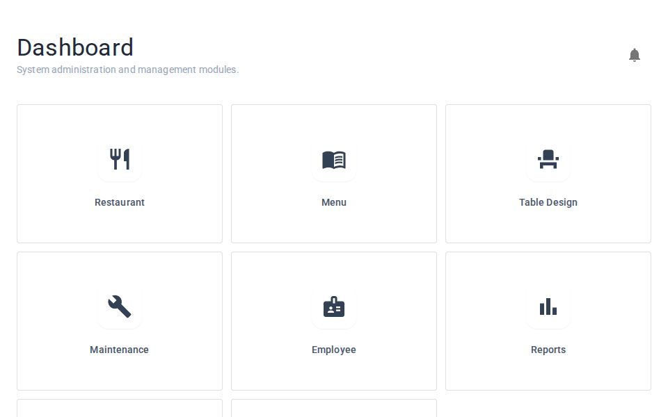 MudBlazor restaurant backoffice dashboard with module tiles, interactive dining table layout demo, and tabbed system settings forms with tables and inputs.