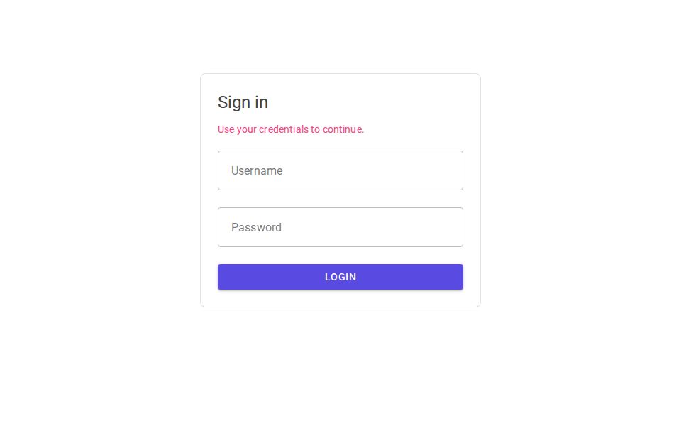 MudBlazor login form with centered card, username and password fields, primary login button, and conditional status alert.