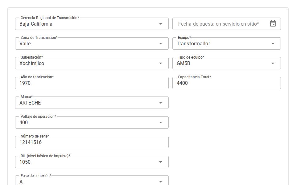 MudBlazor equipment form for transmission assets with two-column layout, select dropdowns, date pickers, and validation messages.