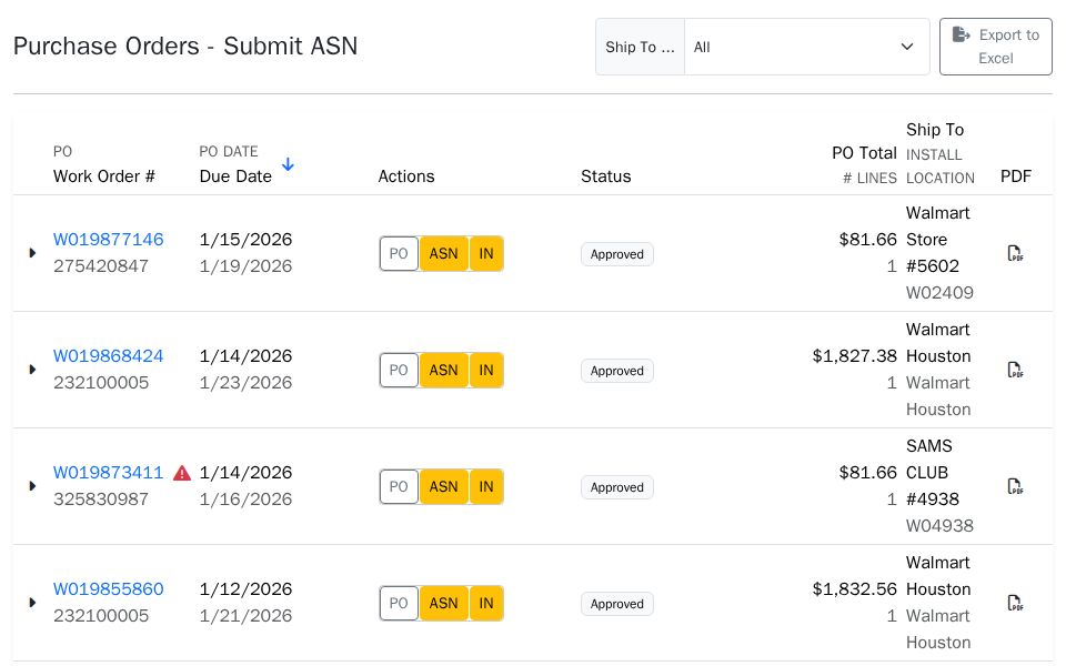 Blazor purchase orders ASN dashboard with Bootstrap table, ship-to dropdown filter, expandable rows, action buttons, and toast notifications.