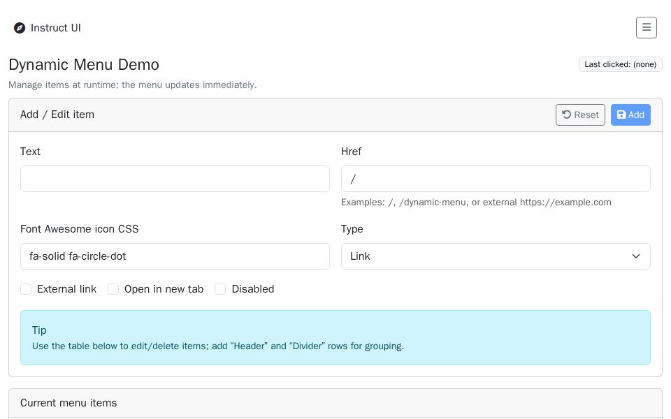 Blazor dynamic nav menu demo with Bootstrap styling, searchable sidebar navigation, and a table-based form editor for menu items.