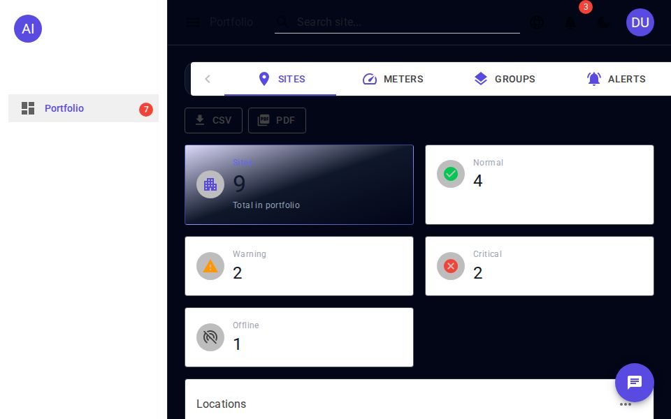 MudBlazor portfolio dashboard with dark Tailwind layout, tabbed toolbar, KPI stat cards, and a searchable sites table with status chips and alerts badges.
