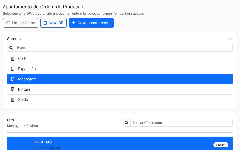 Blazor Bootstrap production order dashboard with setor list, expandable OP tree, apontamentos list, and consumo form with validation