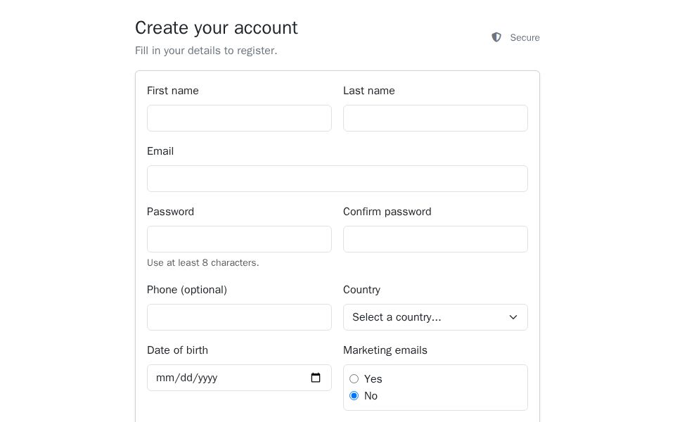 Blazor Bootstrap registration form with two-column layout, validation messages, marketing options, and submit button with loading state.