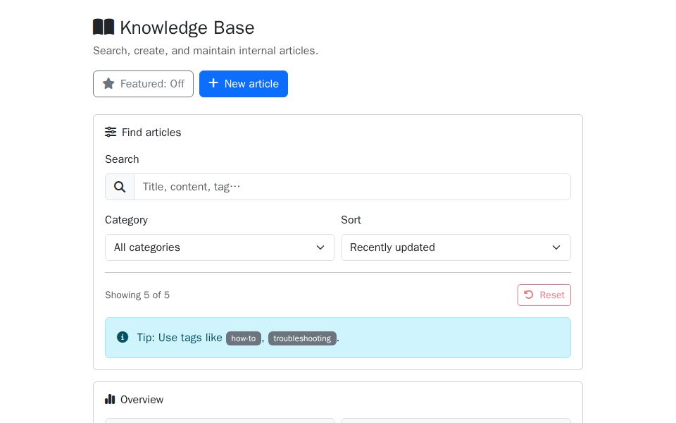 Blazor Bootstrap knowledge base page with search filters, overview stats, article cards, and a modal form editor for creating and editing articles.