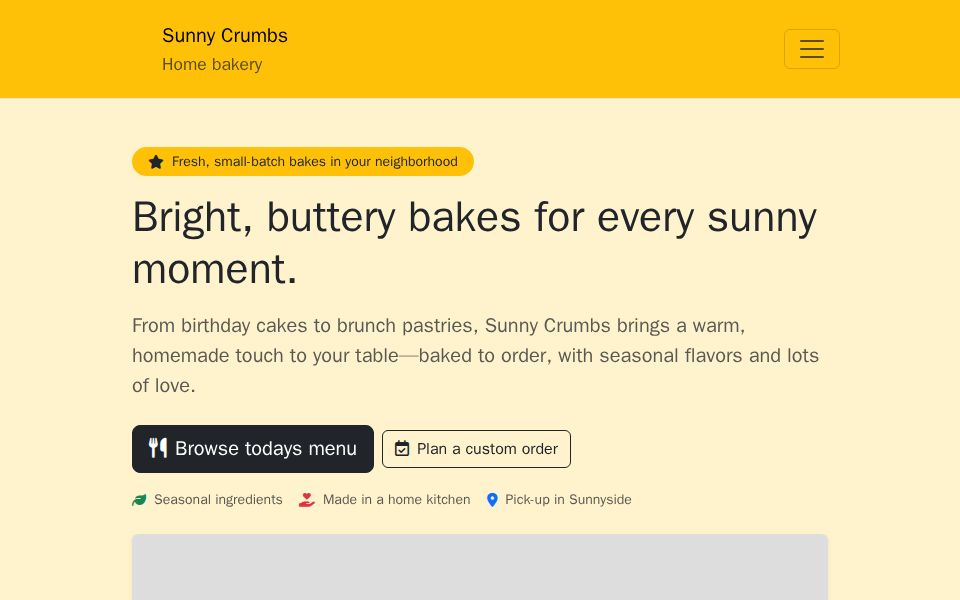 Blazor Bootstrap home bakery landing page with hero banner, filtered menu cards, and a validated custom order request form.