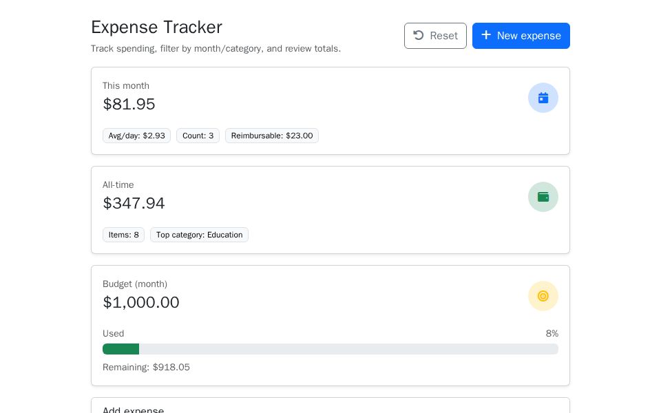 Blazor Bootstrap expense tracker dashboard with validated CRUD form, filter sidebar, summary cards, table, and category breakdown progress bars.