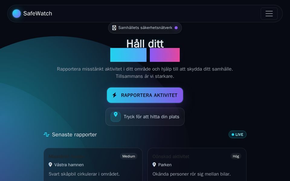 Blazor safety reporting landing page with dark glassmorphism hero, report activity CTA button, and latest reports cards grid with severity badges.